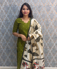 Parrot Green Color Premium Handloom Raw Silk Cotton Kurti and Tussar Silk Floral Print Dupatta / HL042