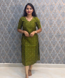 Parrot Green Color Premium Handloom Raw Silk Cotton Kurti and Tussar Silk Floral Print Dupatta / HL042