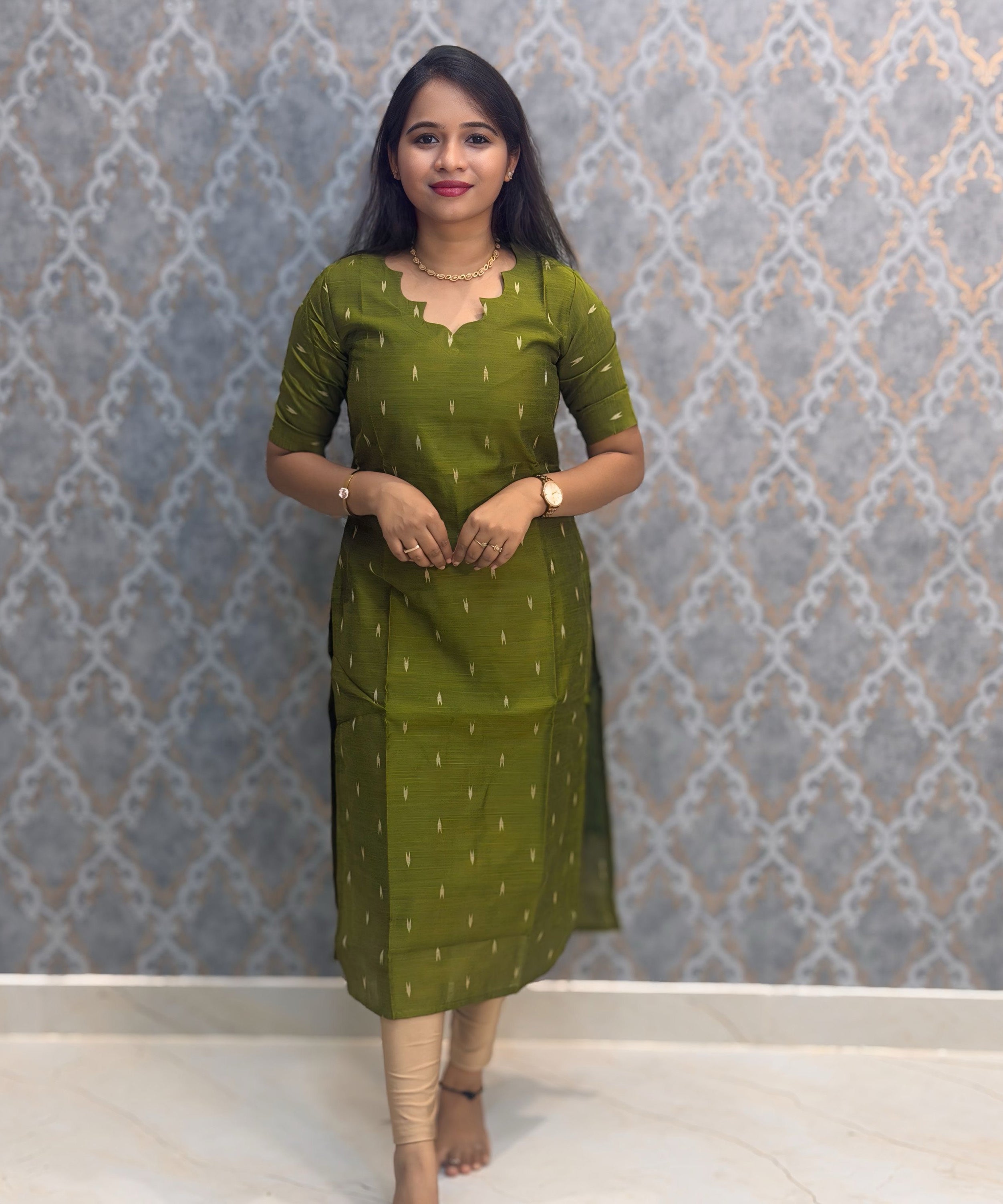 Parrot Green Color Premium Handloom Raw Silk Cotton Kurti and Tussar Silk Floral Print Dupatta / HL042