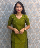 Parrot Green Color Premium Handloom Raw Silk Cotton Kurti and Tussar Silk Floral Print Dupatta / HL042