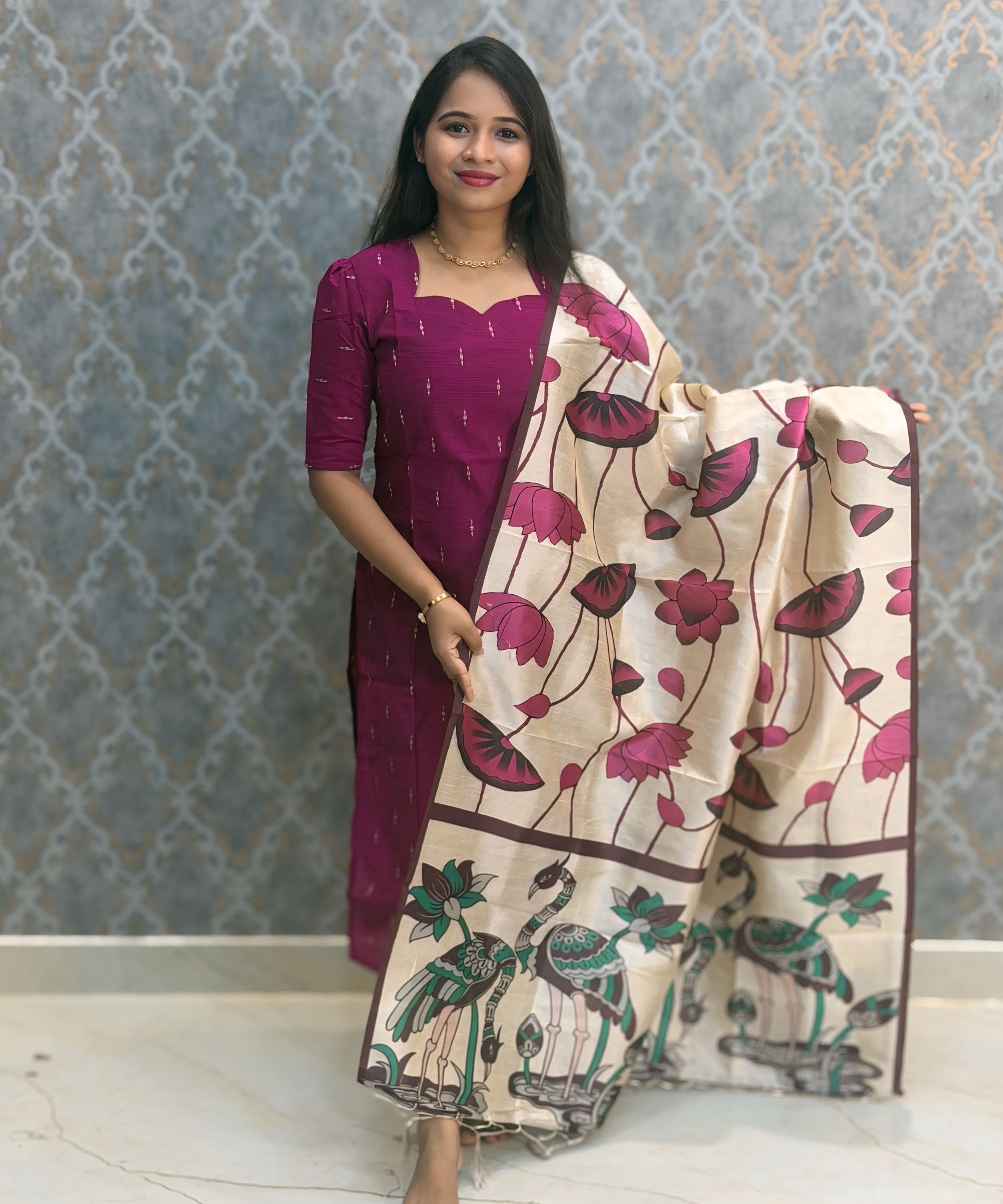 Magenta Pink Color Premium Handloom Raw Silk Cotton Kurti and Tussar Silk Floral Print Dupatta / HL043