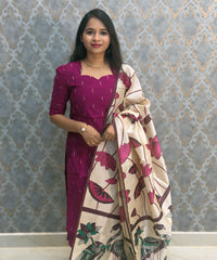 Magenta Pink Color Premium Handloom Raw Silk Cotton Kurti and Tussar Silk Floral Print Dupatta / HL043