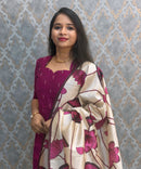 Magenta Pink Color Premium Handloom Raw Silk Cotton Kurti and Tussar Silk Floral Print Dupatta / HL043