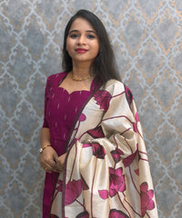 Magenta Pink Color Premium Handloom Raw Silk Cotton Kurti and Tussar Silk Floral Print Dupatta / HL043