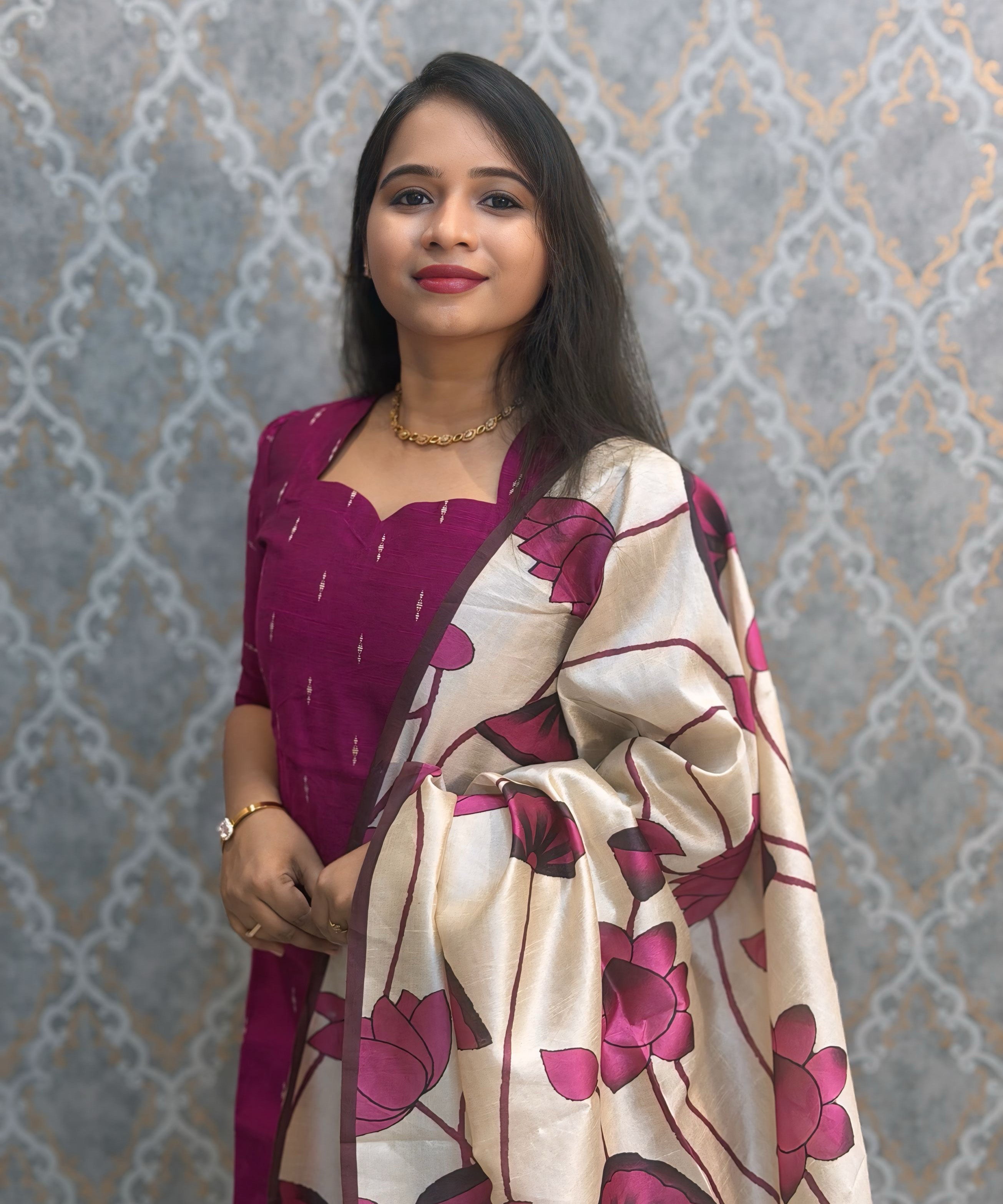 Magenta Pink Color Premium Handloom Raw Silk Cotton Kurti and Tussar Silk Floral Print Dupatta / HL043