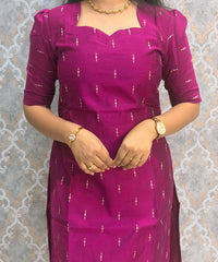 Magenta Pink Color Premium Handloom Raw Silk Cotton Kurti and Tussar Silk Floral Print Dupatta / HL043