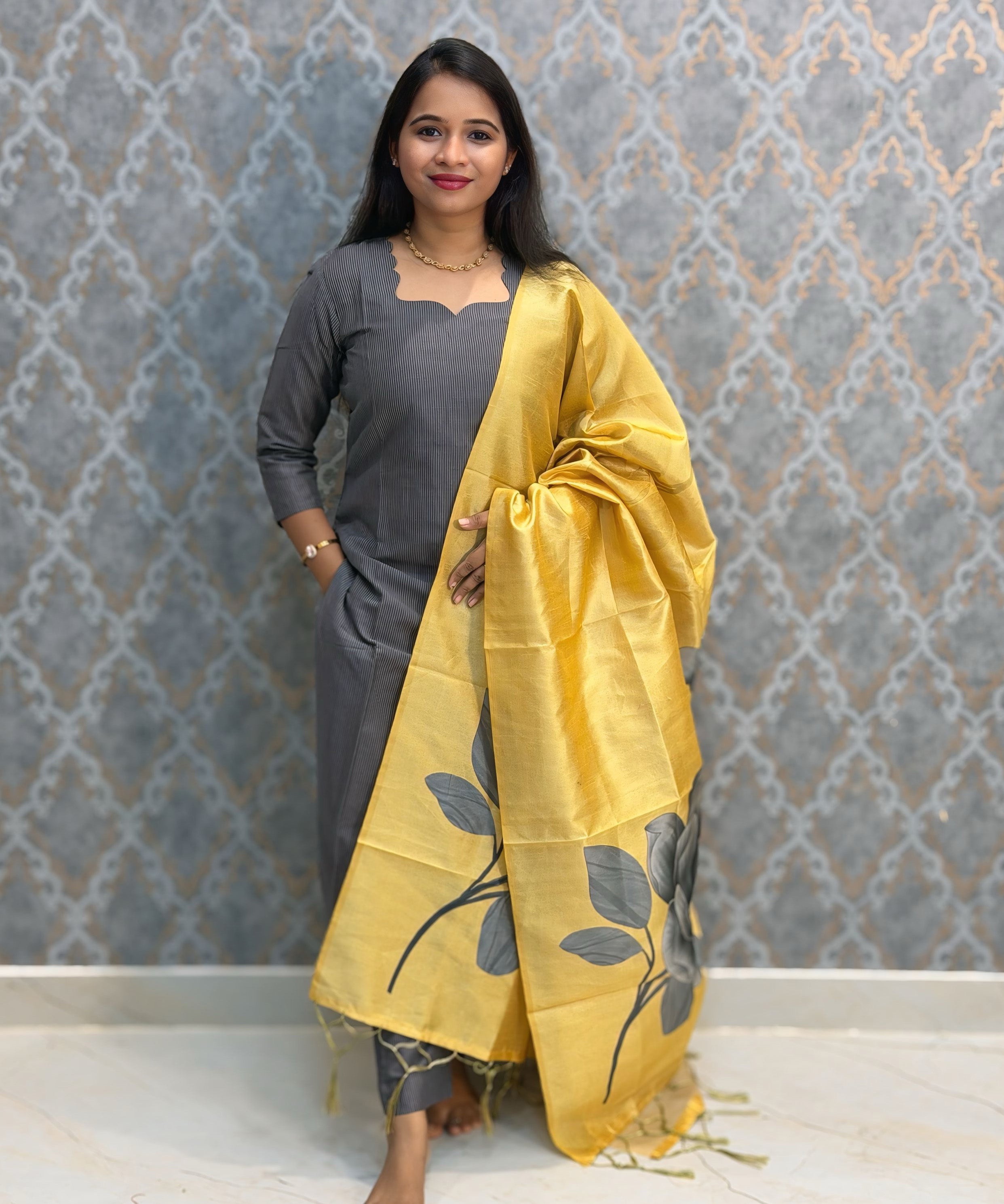 Gray Color Premium Handloom Raw Silk 3 Piece Salwar Set with Lining and Pocket / HL050
