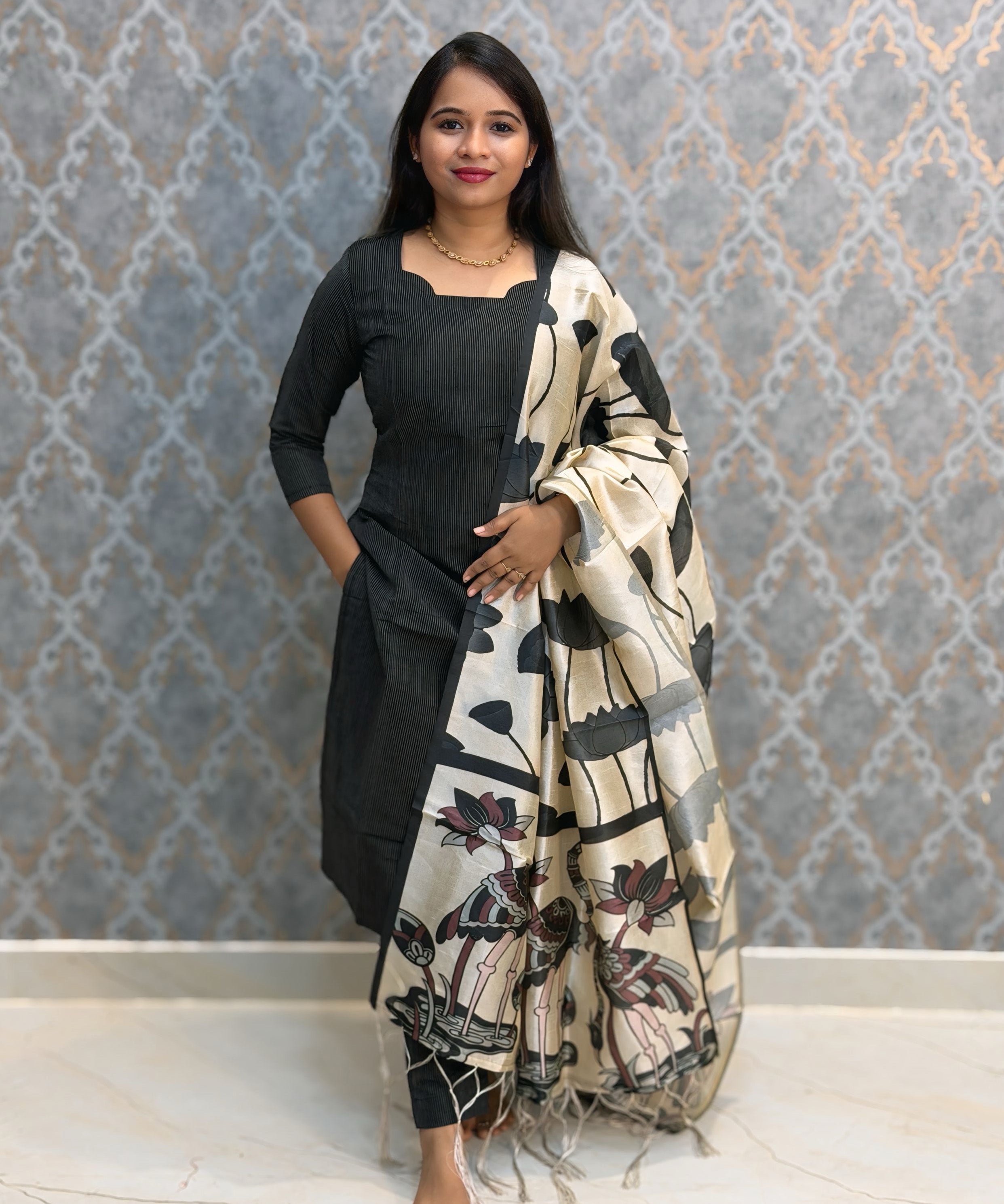 Black Color Premium Handloom Raw Silk 3 Piece Salwar Set with Lining and Pocket / HL047