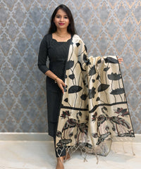 Black Color Premium Handloom Raw Silk 3 Piece Salwar Set with Lining and Pocket / HL047