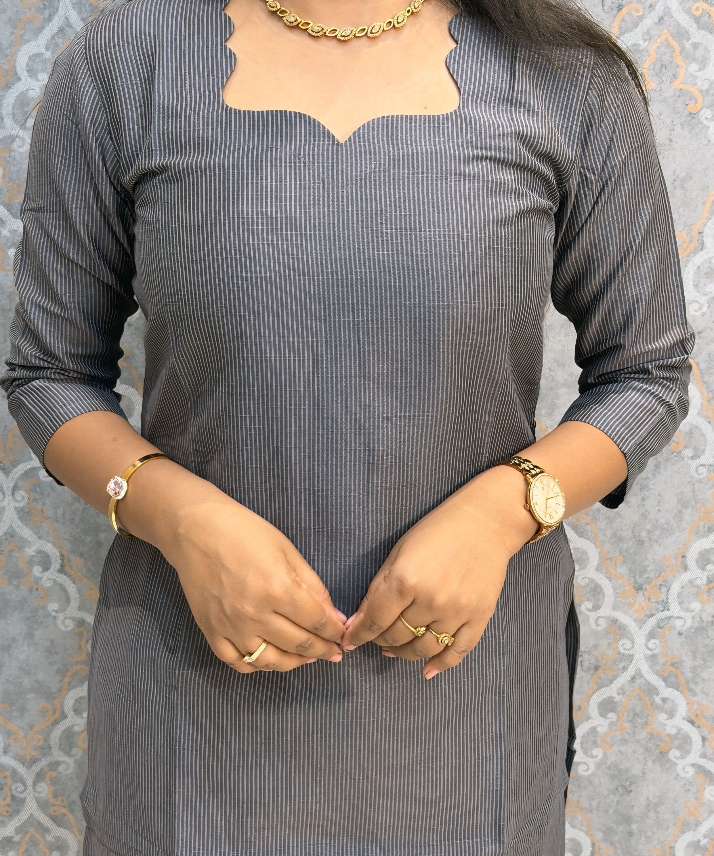 Gray Color Premium Handloom Raw Silk 3 Piece Salwar Set with Lining and Pocket / HL050