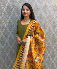 Green Color Premium Handloom Raw Silk 3 Piece Salwar Set with Lining and Pocket / HL048