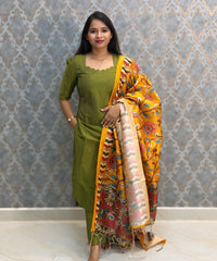Green Color Premium Handloom Raw Silk 3 Piece Salwar Set with Lining and Pocket / HL048