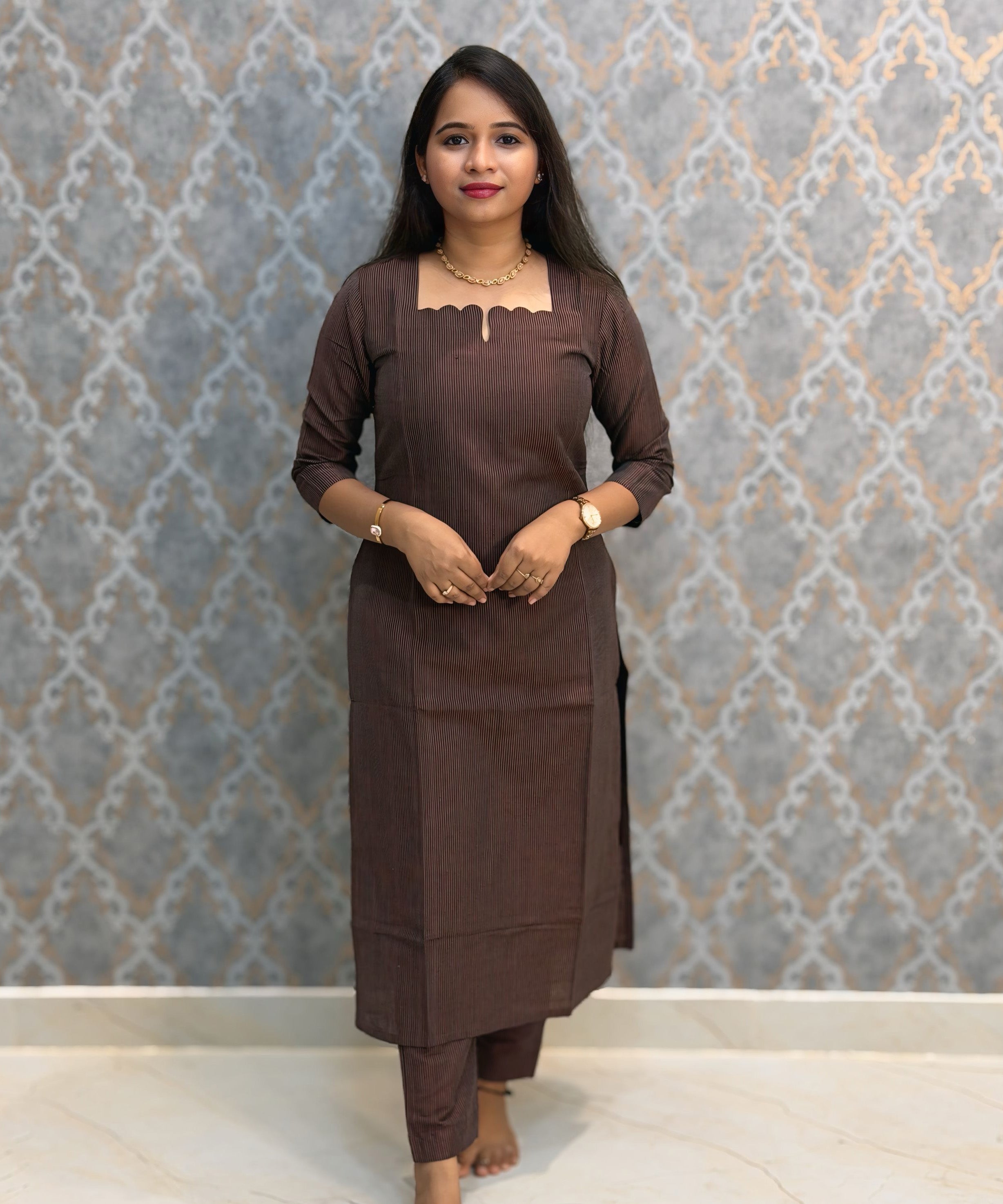 Brown Color Premium Handloom Raw Silk 3 Piece Salwar Set with Lining and Pocket / HL046