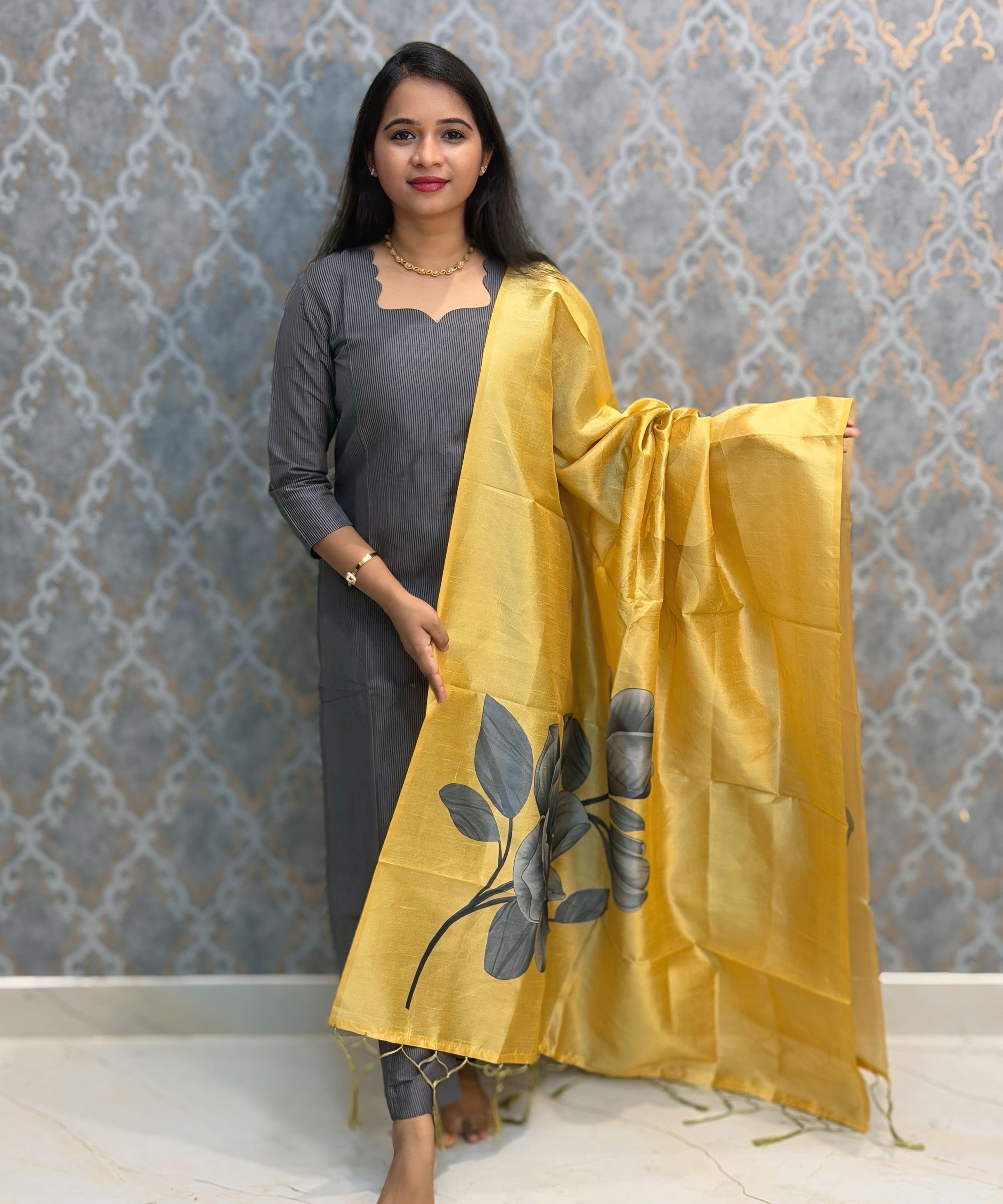 Gray Color Premium Handloom Raw Silk 3 Piece Salwar Set with Lining and Pocket / HL050