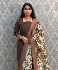 Brown Color Premium Handloom Raw Silk 3 Piece Salwar Set with Lining and Pocket / HL046