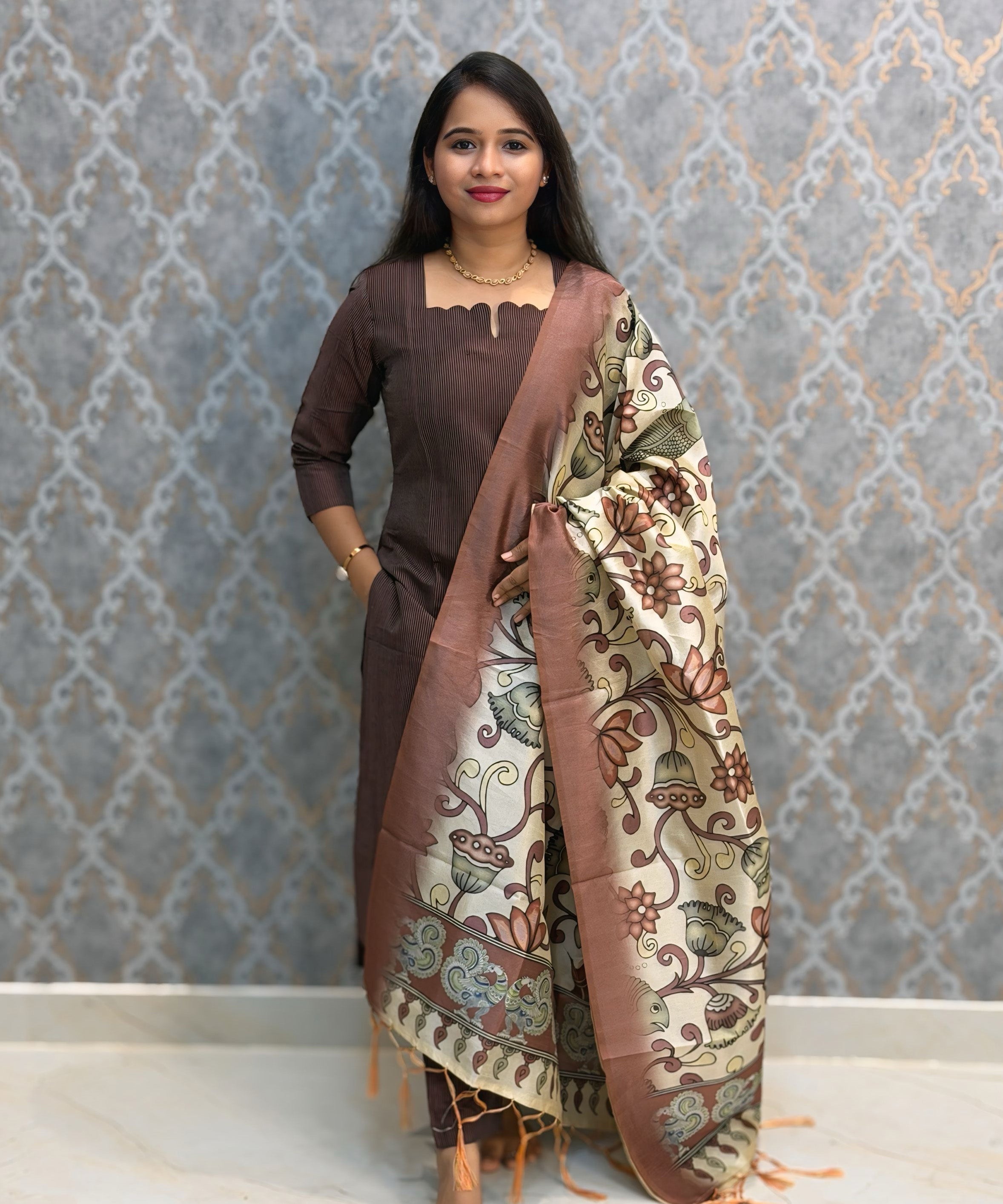 Brown Color Premium Handloom Raw Silk 3 Piece Salwar Set with Lining and Pocket / HL046