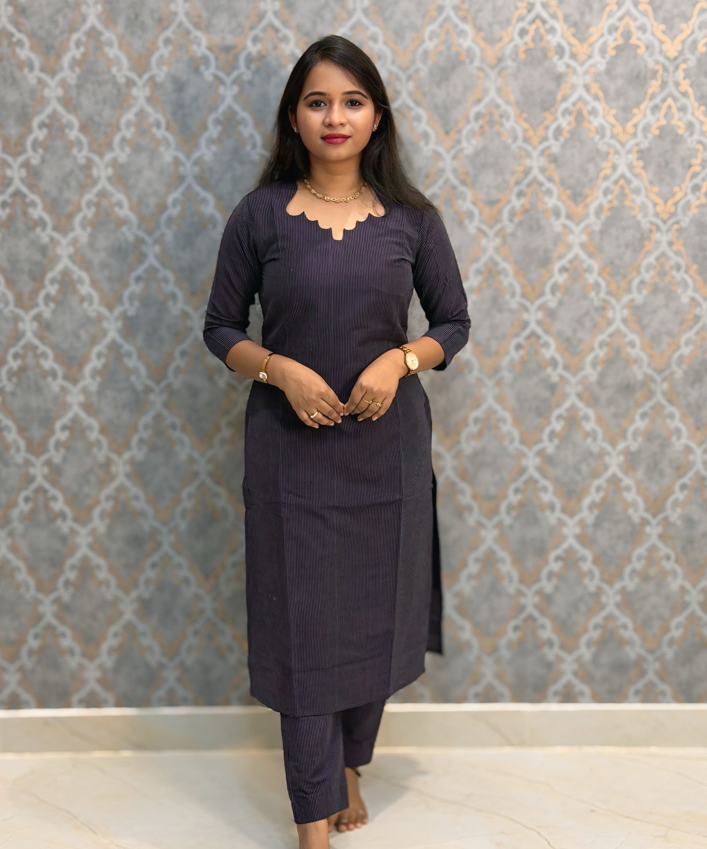 Dark Purple Color Premium Handloom Raw Silk 3 Piece Salwar Set with Lining and Pocket / HL049