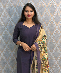 Dark Purple Color Premium Handloom Raw Silk 3 Piece Salwar Set with Lining and Pocket / HL049