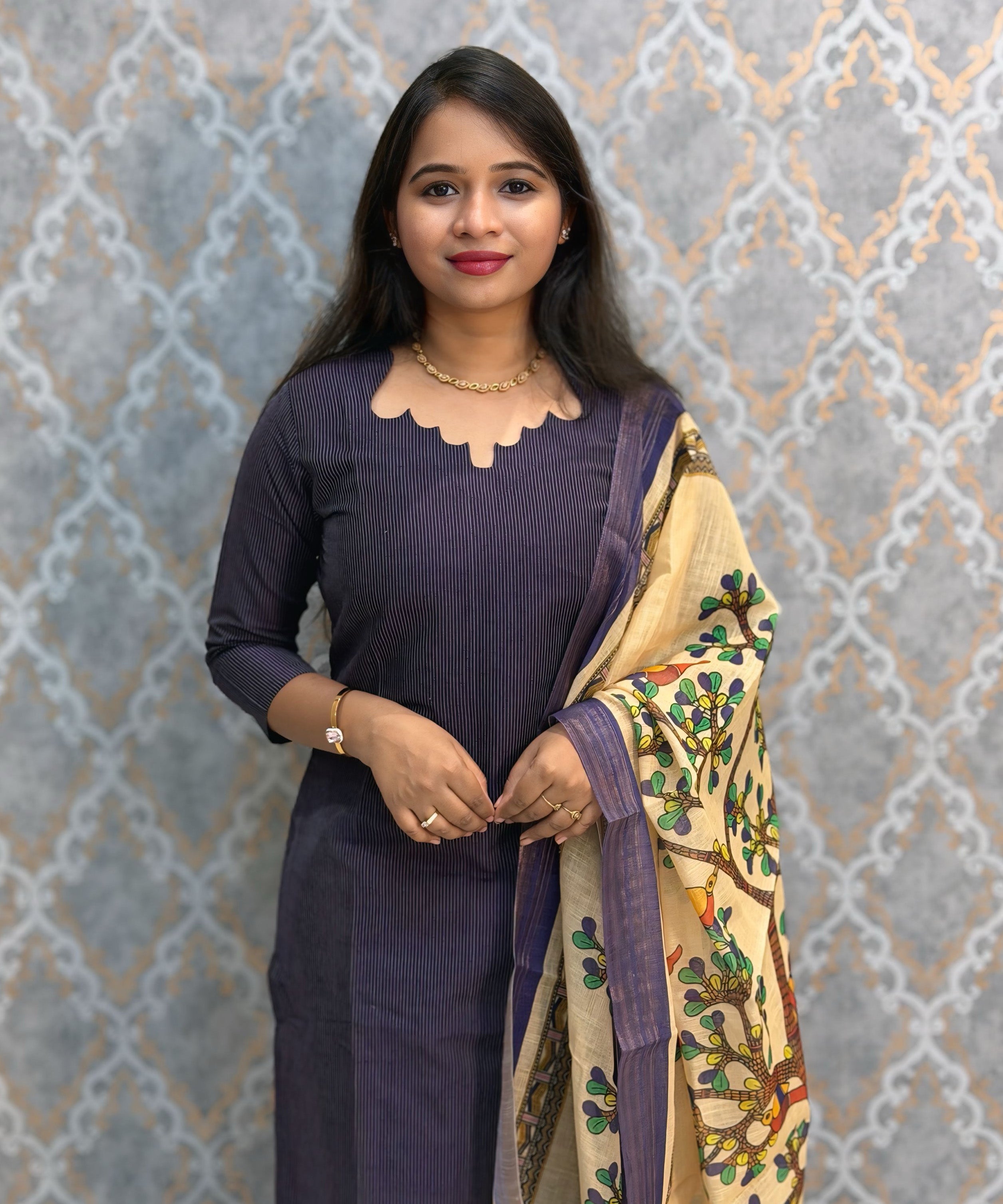 Dark Purple Color Premium Handloom Raw Silk 3 Piece Salwar Set with Lining and Pocket / HL049