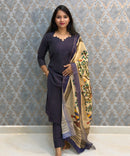 Dark Purple Color Premium Handloom Raw Silk 3 Piece Salwar Set with Lining and Pocket / HL049
