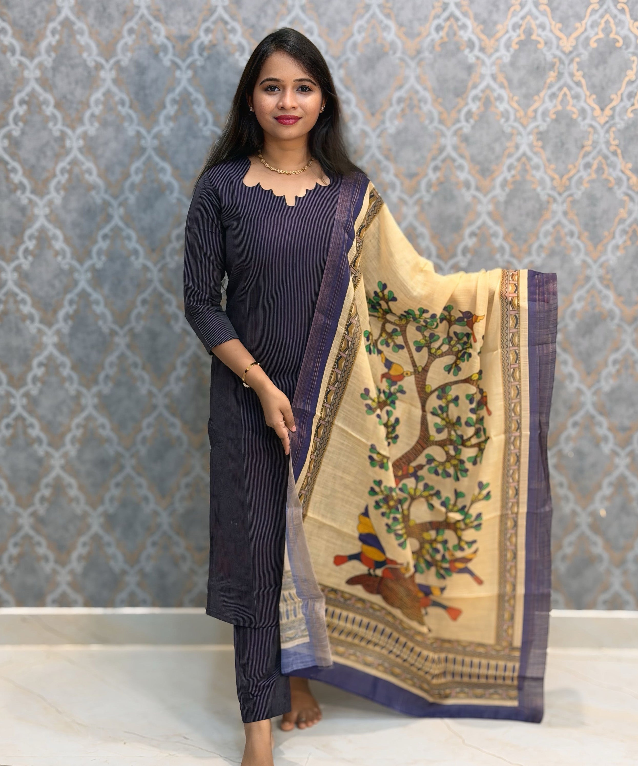 Dark Purple Color Premium Handloom Raw Silk 3 Piece Salwar Set with Lining and Pocket / HL049