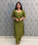 Green Color Premium Handloom Raw Silk 3 Piece Salwar Set with Lining and Pocket / HL048
