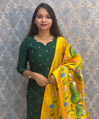 Dark Green with Yellow Color Premium Handloom Raw Silk Cotton Kurti and Tussar Silk Floral Print Dupatta / HL044