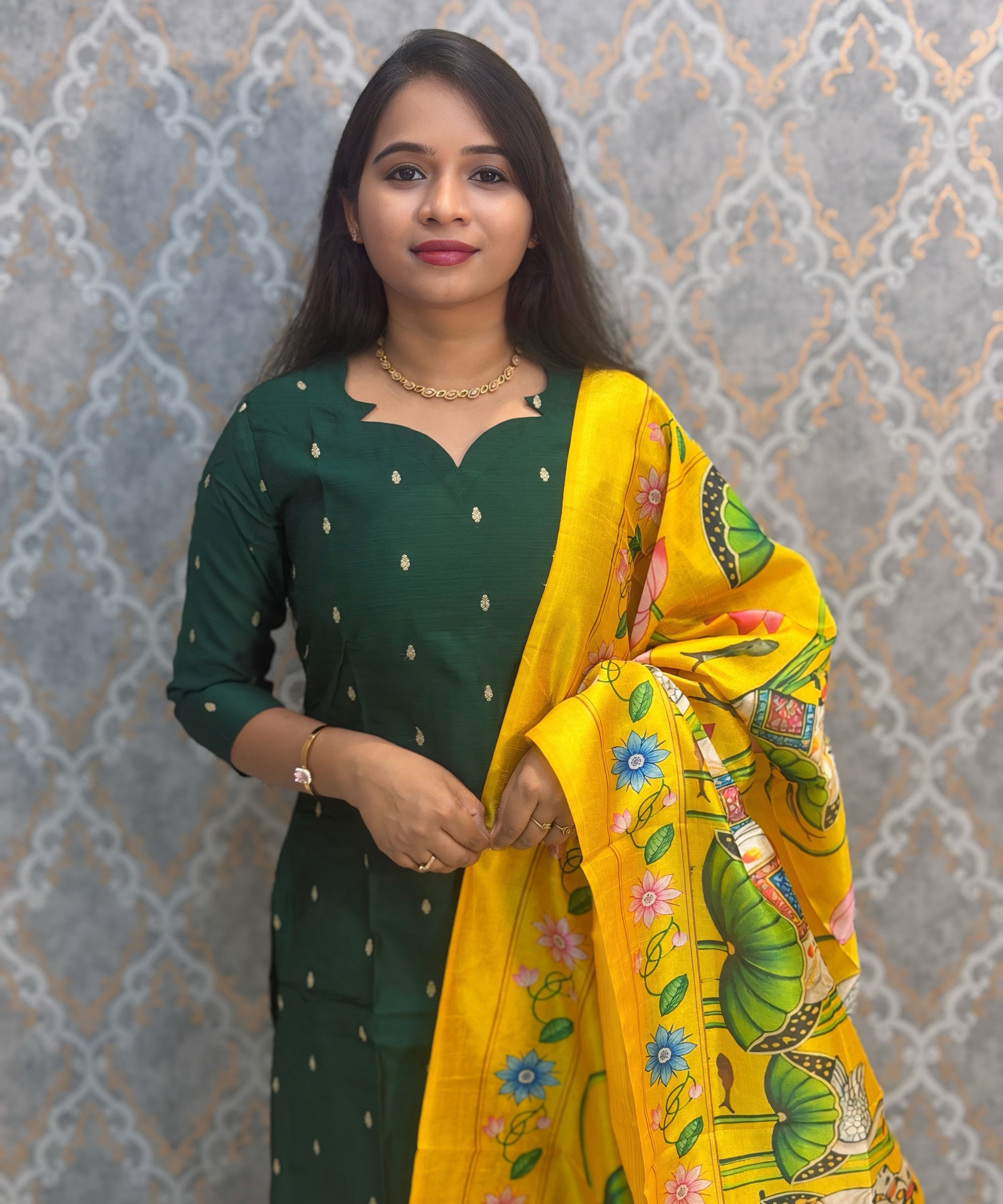 Dark Green with Yellow Color Premium Handloom Raw Silk Cotton Kurti and Tussar Silk Floral Print Dupatta / HL044