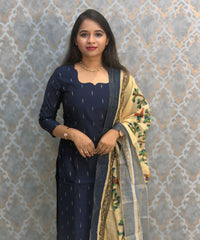 Navy Blue Color Premium Handloom Raw Silk Cotton Kurti and Tussar Silk Floral Print Dupatta / HL045