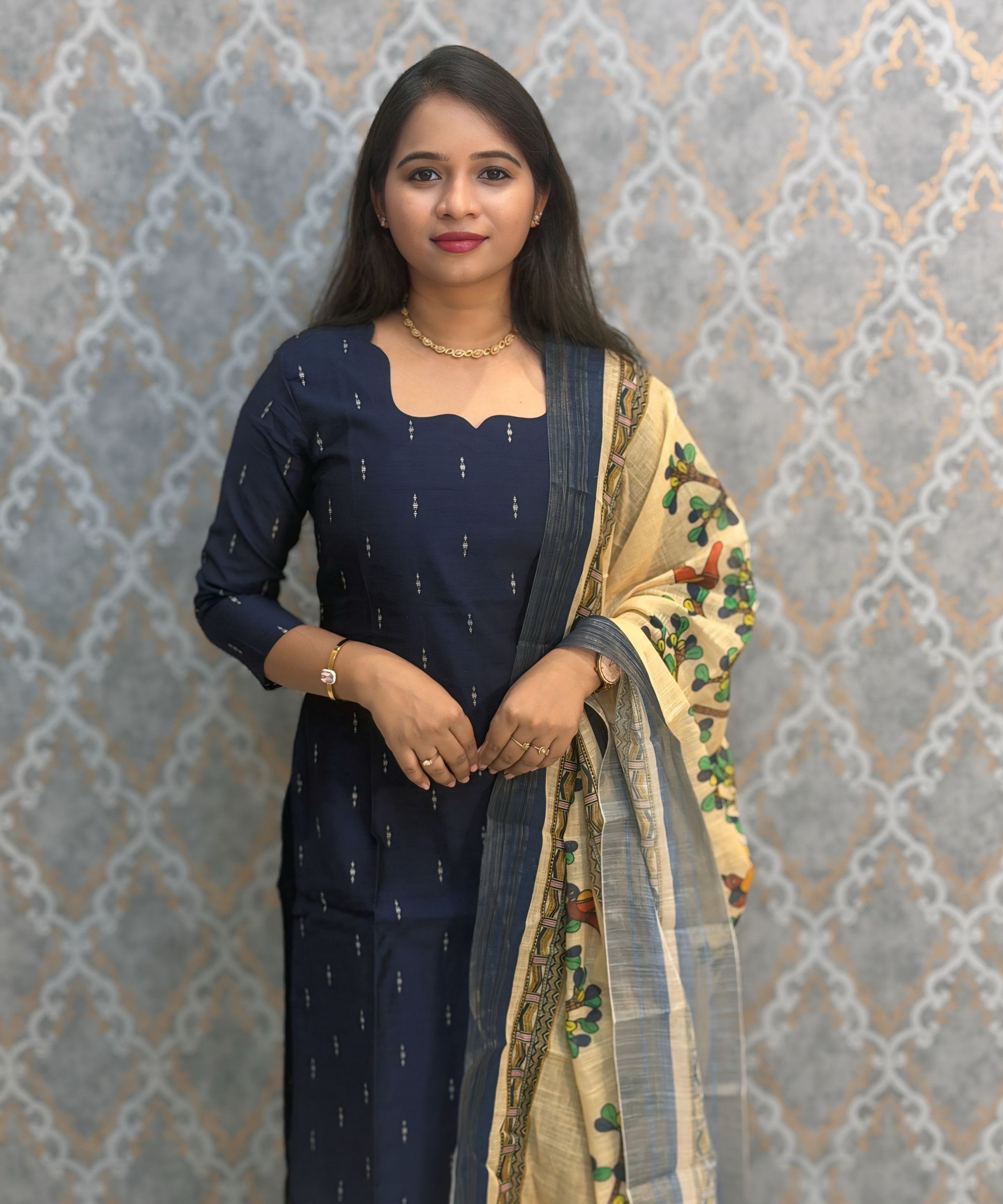 Navy Blue Color Premium Handloom Raw Silk Cotton Kurti and Tussar Silk Floral Print Dupatta / HL045