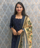 Navy Blue Color Premium Handloom Raw Silk Cotton Kurti and Tussar Silk Floral Print Dupatta / HL045