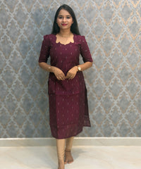Wine Color Premium Handloom Raw Silk Cotton Kurti and Tussar Silk Floral Print Dupatta / HL041
