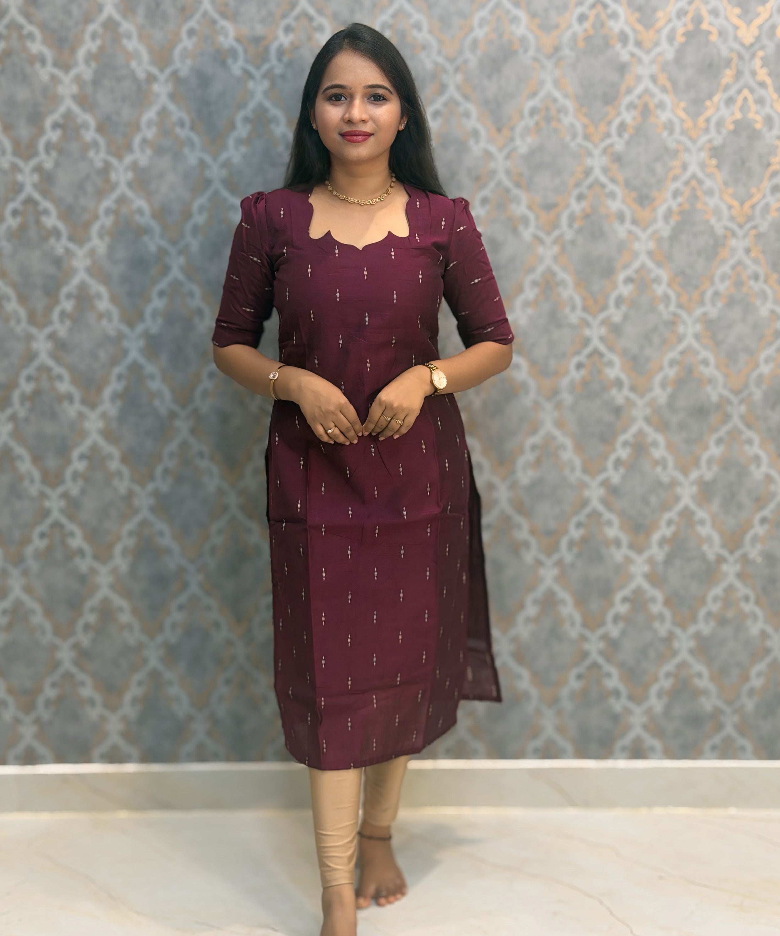Wine Color Premium Handloom Raw Silk Cotton Kurti and Tussar Silk Floral Print Dupatta / HL041