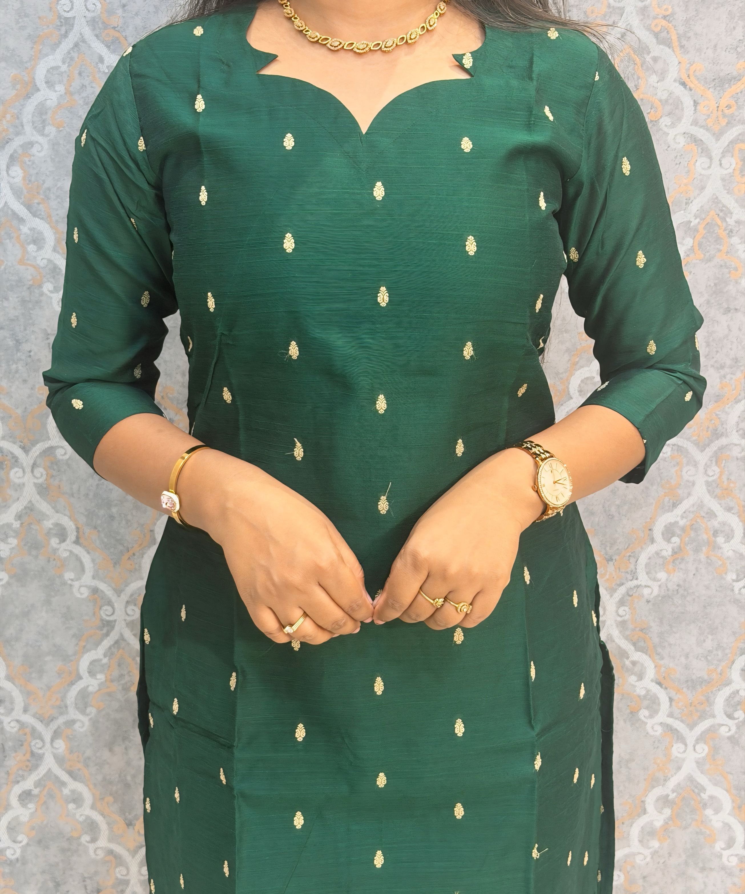 Dark Green with Yellow Color Premium Handloom Raw Silk Cotton Kurti and Tussar Silk Floral Print Dupatta / HL044