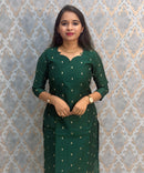 Dark Green with Yellow Color Premium Handloom Raw Silk Cotton Kurti and Tussar Silk Floral Print Dupatta / HL044