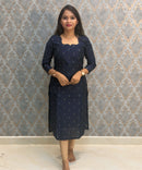 Navy Blue Color Premium Handloom Raw Silk Cotton Kurti and Tussar Silk Floral Print Dupatta / HL045