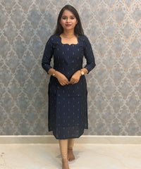 Navy Blue Color Premium Handloom Raw Silk Cotton Kurti and Tussar Silk Floral Print Dupatta / HL045
