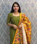 Green Color Premium Handloom Raw Silk 3 Piece Salwar Set with Lining and Pocket / HL048