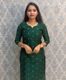 Dark Green with Yellow Color Premium Handloom Raw Silk Cotton Kurti and Tussar Silk Floral Print Dupatta / HL044