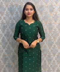 Dark Green with Yellow Color Premium Handloom Raw Silk Cotton Kurti and Tussar Silk Floral Print Dupatta / HL044