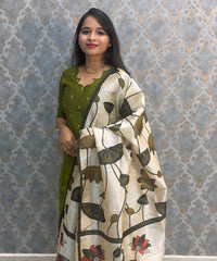 Parrot Green Color Premium Handloom Raw Silk Cotton Kurti and Tussar Silk Floral Print Dupatta / HL042