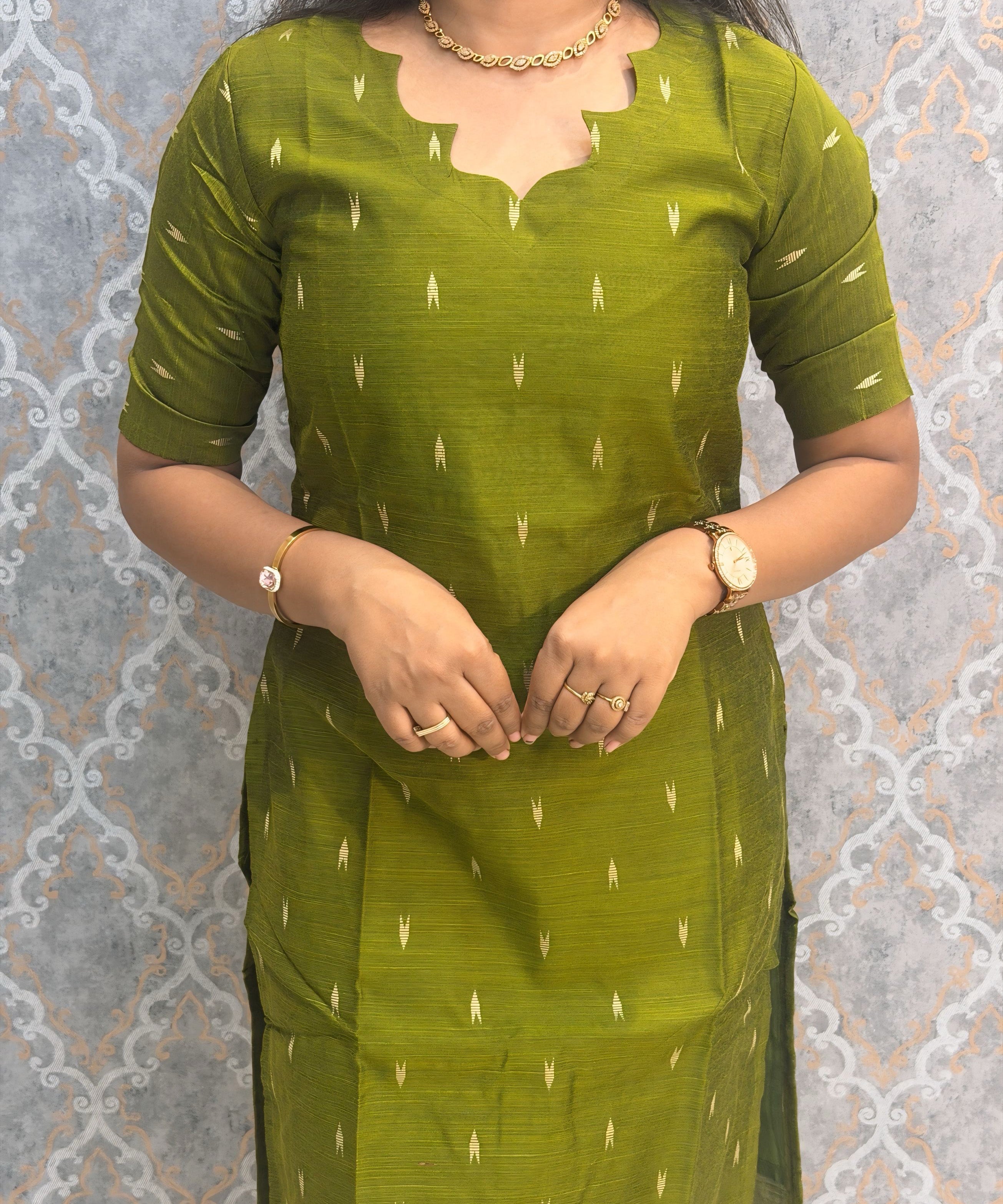 Parrot Green Color Premium Handloom Raw Silk Cotton Kurti and Tussar Silk Floral Print Dupatta / HL042