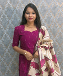Magenta Pink Color Premium Handloom Raw Silk Cotton Kurti and Tussar Silk Floral Print Dupatta / HL043