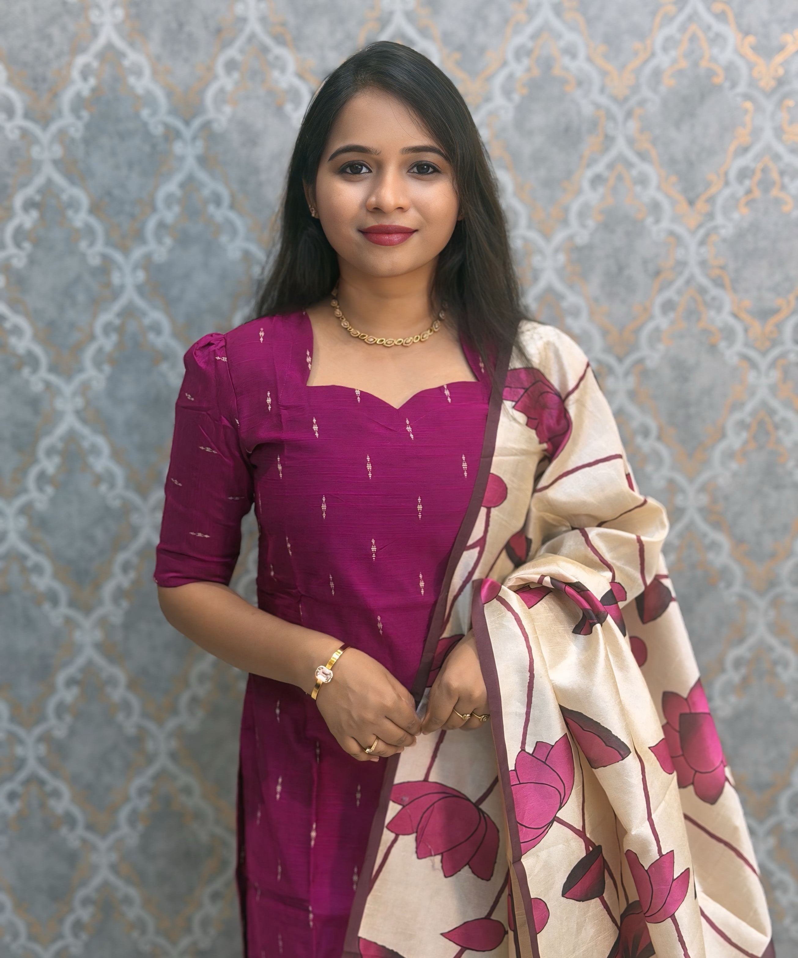 Magenta Pink Color Premium Handloom Raw Silk Cotton Kurti and Tussar Silk Floral Print Dupatta / HL043