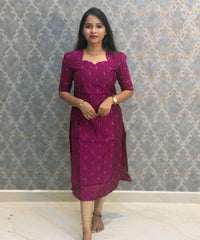 Magenta Pink Color Premium Handloom Raw Silk Cotton Kurti and Tussar Silk Floral Print Dupatta / HL043