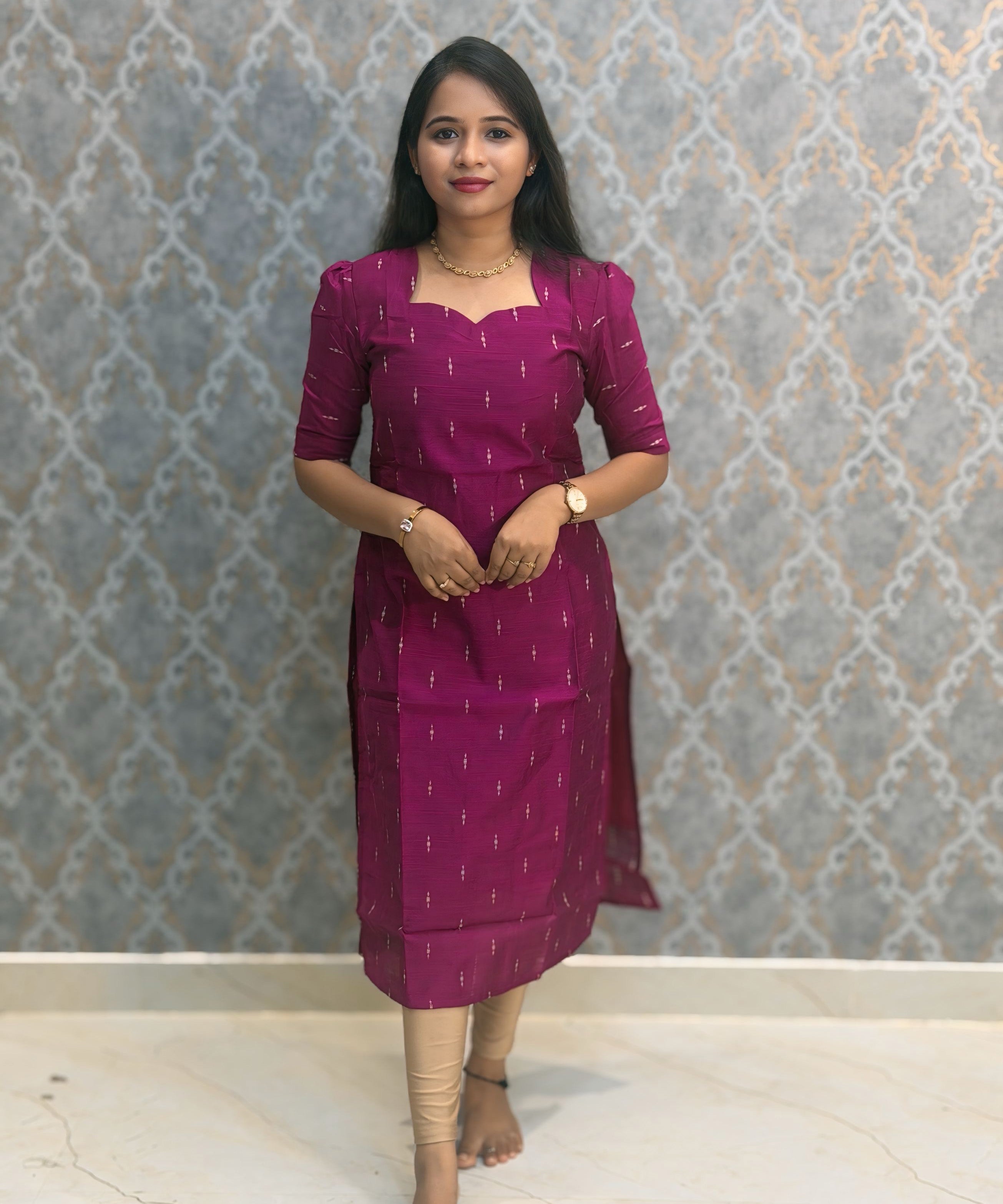 Magenta Pink Color Premium Handloom Raw Silk Cotton Kurti and Tussar Silk Floral Print Dupatta / HL043