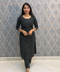 Black Color Premium Handloom Raw Silk 3 Piece Salwar Set with Lining and Pocket / HL047