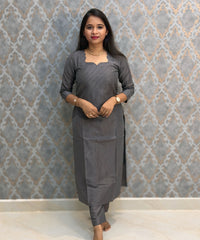 Gray Color Premium Handloom Raw Silk 3 Piece Salwar Set with Lining and Pocket / HL050