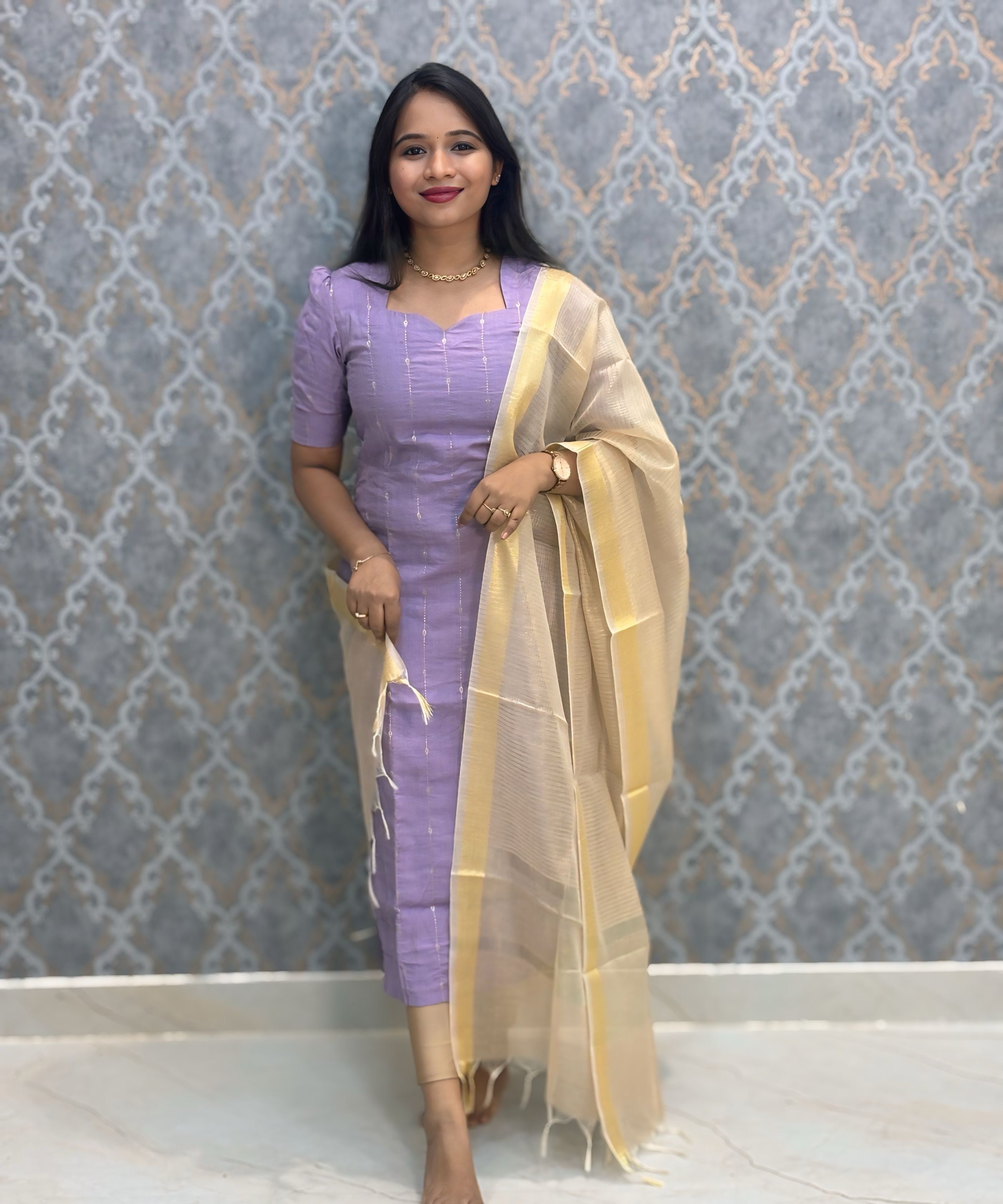 Lavender Color Premium Handloom Raw Silk Kurti and Dupatta / PC011