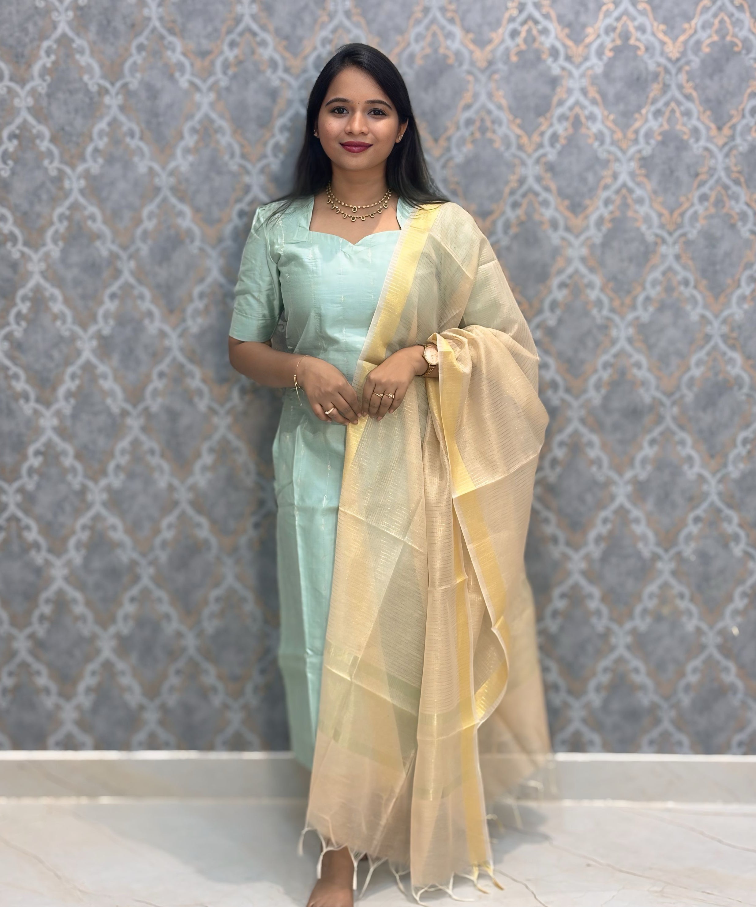 French Green Color Premium Handloom Raw Silk Kurti and Dupatta / PC012